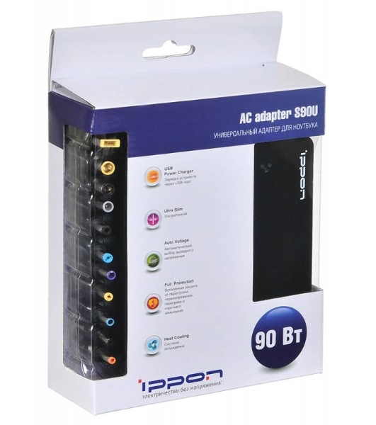 Блок питания Ippon S90U автоматический 90W 15V-19.5V 8-connectors 5A 1xUSB 2.1A от бытовой электросети LED индикатор