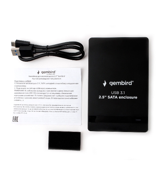 Внешний корпус 2.5' Gembird EE2-U31S-2, черный, USB Type-c, SATA, алюминий
