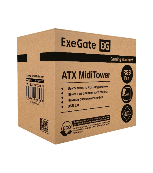 Компьютерный корпус Miditower ExeGate EVO-9211-700NPX (ATX, БП 700NPX с вент. 12см, с окном, 2хUSB+1хUSB3.0, HD аудио, черный, 1 вент. с RGb подсветкой)
