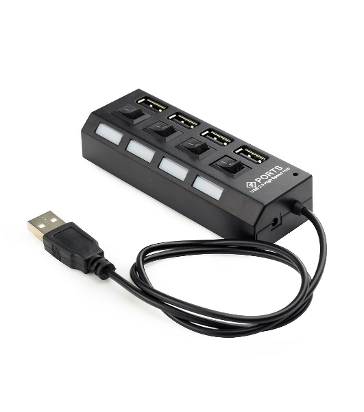 Разветвитель USB2.0 Gembird 4xUSB, блок питания 2А, подсветка и выкл, кабель USB 55 см, черный