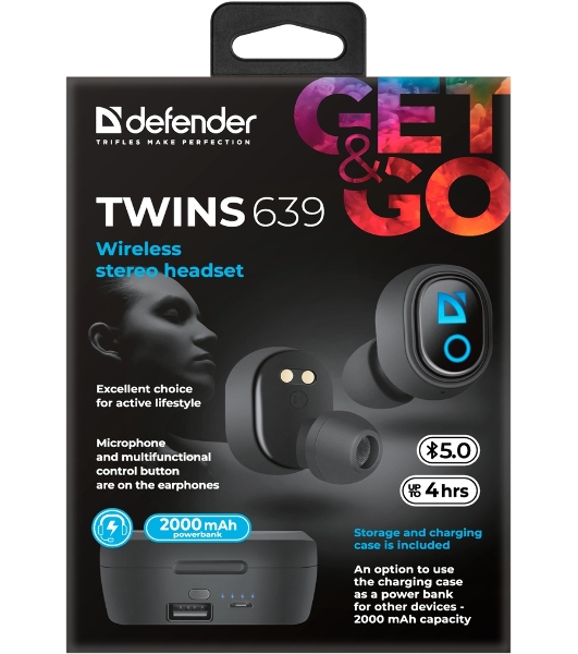 Наушники TWS Defender Twins 639 черный, внутриканальные, Bluetooth, до 4 ч