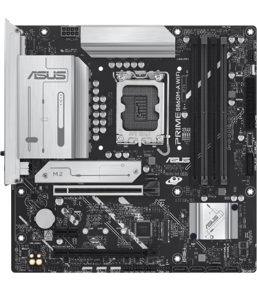 Материнская плата ASUS PRIME B860M-A WIFI, LGA 1851, Intel B860, 4xDDR5, 4xSATA, 2xM.2, 1xPCIe 5.0 x16, 1xPCIe 4.0 x16, 1xPCIe 4.0 x1, 2xDP, 1xHDMI, 1x 2.5Gb LAN, 1xUSB-C 20Gbps, 1xUSB-A 10Gbps, 2xUSB-A 5Gbps, 4xUSB-A 2.0, 3x3.5 мм, 7.1, micro-ATX.