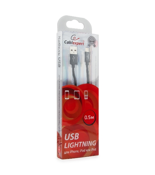 Кабель Cablexpert для Apple CC-S-APUSB01Bk-0.5M, AM/Lightning, серия Silver, длина 0.5м, черный, блистер