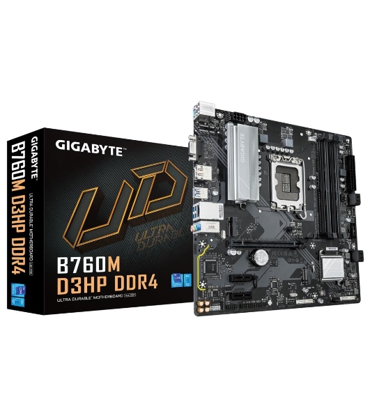 Материнская плата Gigabyte B760M D3HP DDR4, LGA 1700, Intel B760, 4xDDR4, 4xSATA, 2xM.2, 1xPCIe 4.0 x16, 2xPCIe x1, 1xHDMI, 1xVGA, 1xDP, 1x 1Gb LAN, 3xUSB-A 3.2 Gen 1, 2xUSB-A 2.0, 3x3.5 мм, 7.1, mATX