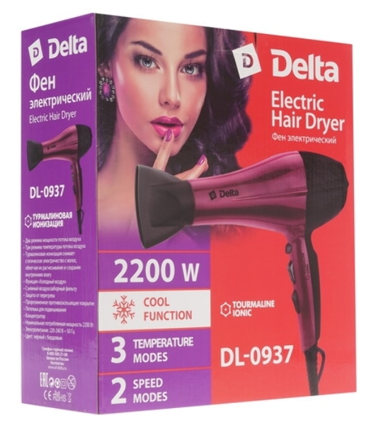 Фен Delta DL-0937 черный/бордовый, 2000 Вт, ионизация