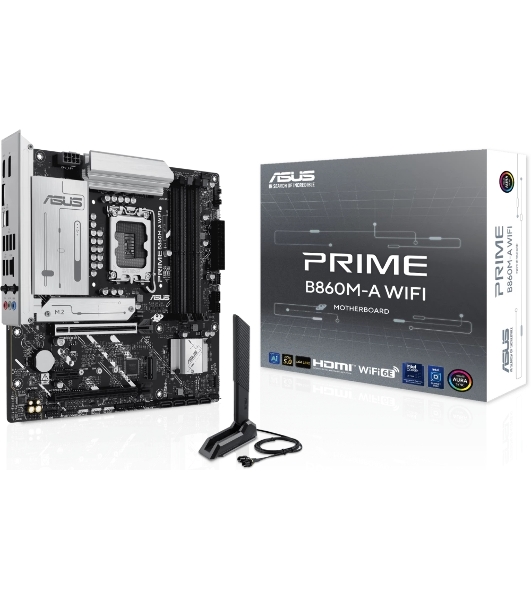 Материнская плата ASUS PRIME B860M-A WIFI, LGA 1851, Intel B860, 4xDDR5, 4xSATA, 2xM.2, 1xPCIe 5.0 x16, 1xPCIe 4.0 x16, 1xPCIe 4.0 x1, 2xDP, 1xHDMI, 1x 2.5Gb LAN, 1xUSB-C 20Gbps, 1xUSB-A 10Gbps, 2xUSB-A 5Gbps, 4xUSB-A 2.0, 3x3.5 мм, 7.1, micro-ATX.