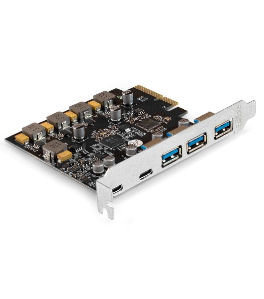 Контроллер ExeGate EXE-313-3A2C (PCI-E x4 v3.0, USB3.2 Gen2 3xType-A + 2xType-C ext., SuperSpeed+ скорость до 10 Gbит/с, разъем доп.питания, ASMedia Chipset ASM3142)