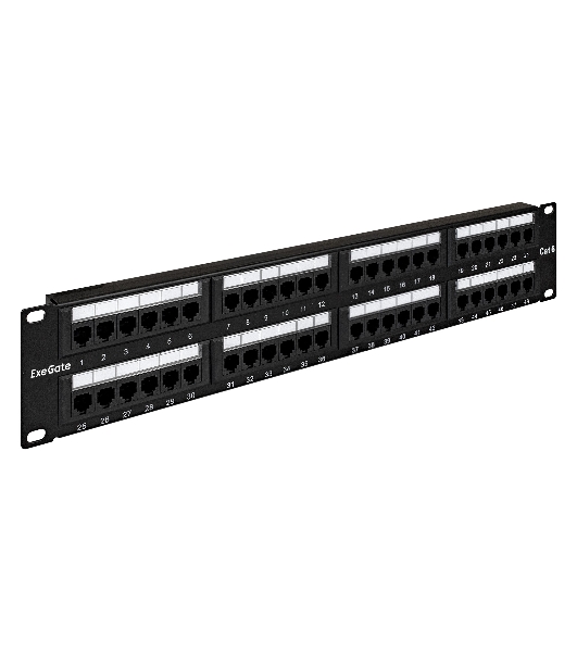 Патч-панель UTP 19' 48 port кат.6 ExeGate разъем KRONE&110 (dual IDC), 2U, RoHS, черный