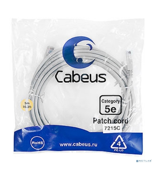 Патч-корд Cabeus PC-UTP-RJ45-Cat.5e-5m U/UTP, cat.5е, 2xRJ45/8p8c, неэкранированный, серый, PVC, 5м