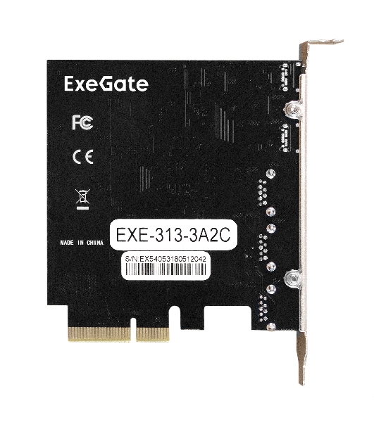 Контроллер ExeGate EXE-313-3A2C (PCI-E x4 v3.0, USB3.2 Gen2 3xType-A + 2xType-C ext., SuperSpeed+ скорость до 10 Gbит/с, разъем доп.питания, ASMedia Chipset ASM3142)