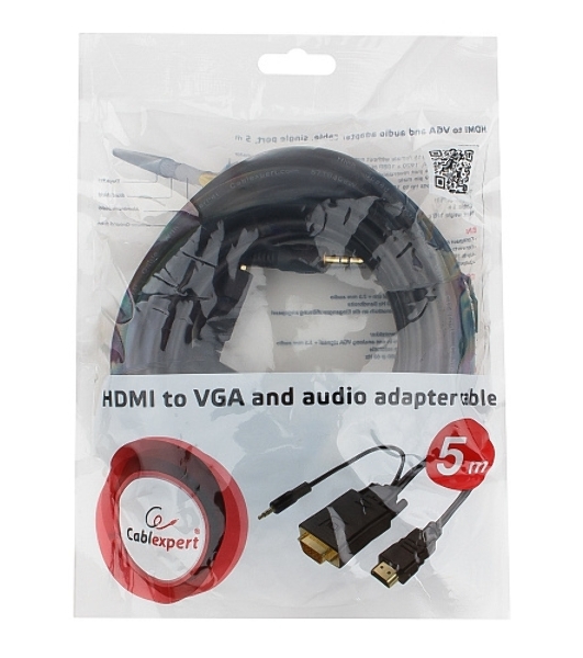 Кабель HDMI->VGA Cablexpert A-HDMI-VGA-03-5M, 19M/15M + 3.5Jack, медь, позол.разъемы, 5м, черный, пакет