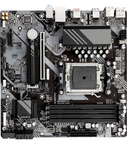 Материнская плата GIGABYTE B650M K, AM5, AMD B650, 4xDDR5, 4xSATA, 2xM.2, 1xPCIe 4.0 x16, 1xPCIe x1, 1xHDMI, 1xDP, 1x2.5Gb LAN, 1xUSB 3.2 Gen 2, 2xUSB 3.2 Gen 1, 4xUSB 2.0, 3x3.5 мм, 7.1, micro-ATX
