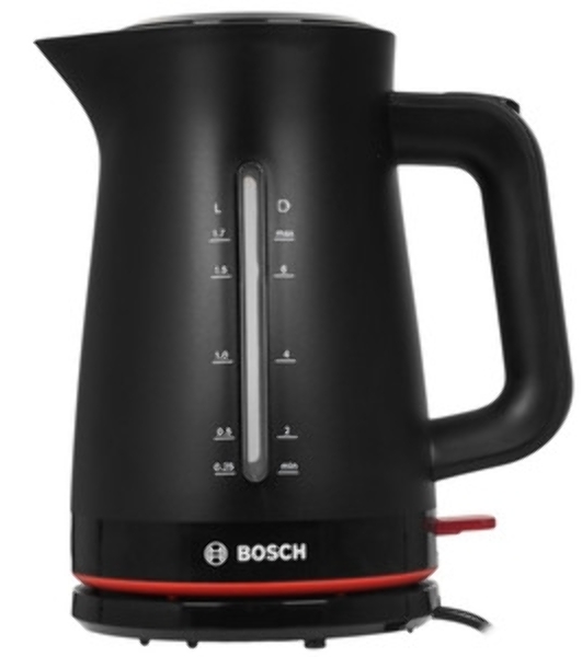 Электрочайник Bosch TWK3M123 черный, 1.7 л, 2400 Вт, скрытый нагревательный элемент
