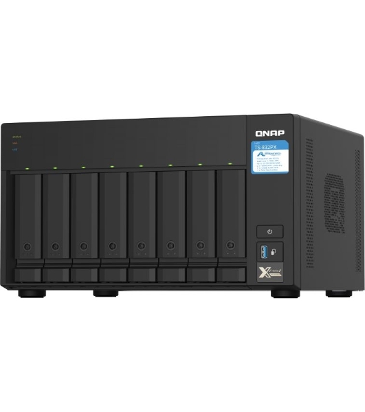 Сетевое хранилище без дисков SMB QNAP TS-832PX-4G 8-Bay NAS, AL324 64-bit quad-core 1.7GHz, 4Gb DDR4 SO-DIMM RAM (up to 1x16 Gb), 8 x 3.5'/2.5' drive slots, 2 x 10GbE SFP+ LAN, 2 x 2.5 GbE LAN, 3 x USB 3.2, PCIe slotGen.2 x 2, 3xUSB 3.2