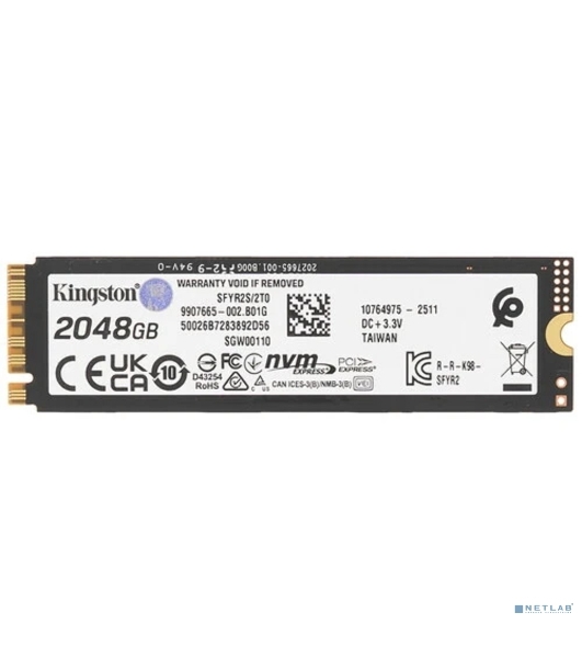 Накопитель SSD Kingston Fury Renegade, 2Tb, M.2(22x80мм), NVMe, PCIe 5.0 x4, 3D TLC, R/W 14700/14000Mb/s, IOPs 2 200 000/2 200 000, TbW 2000, DWPD 0.5 (12 мес)