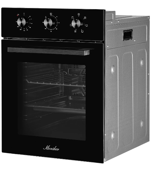 Встраиваемый духовой шкаф Monsher MOE 4563 Noir, электрический, High-Tech, объем 50 л, конвекция, гриль, 3 стекла в дверце, съемные стекла, съемная дверца, телескопические направляющие, черный