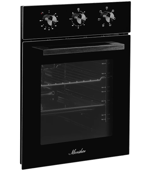 Встраиваемый духовой шкаф Monsher MOE 4563 Noir, электрический, High-Tech, объем 50 л, конвекция, гриль, 3 стекла в дверце, съемные стекла, съемная дверца, телескопические направляющие, черный
