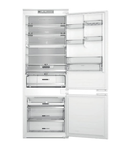 Холодильник встраиваемый Whirlpool WHSP70T241P 70 см, 193.5х54.3х69 см, 295/95 л, инверторный компрессор, автоматическая разморозка, зона свежести влажная, сенсорное управление, технология 6 SMYSL FreshControl, MultiFlow, FreezeControl, перенавешиваемые дверцы, скользящие направляющие, Италия