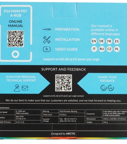 Вентилятор для корпуса ARCTIC P14 PWM PST A-RGb 0dB черный - retail (ACFAN00239A)