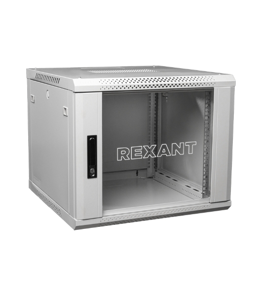 Настенный шкаф Rexant RAL 7035 19' 9U 600×450×501 (ШxГxВ), дверь стекло, металлическая задняя стенка, боковые съемные стенки