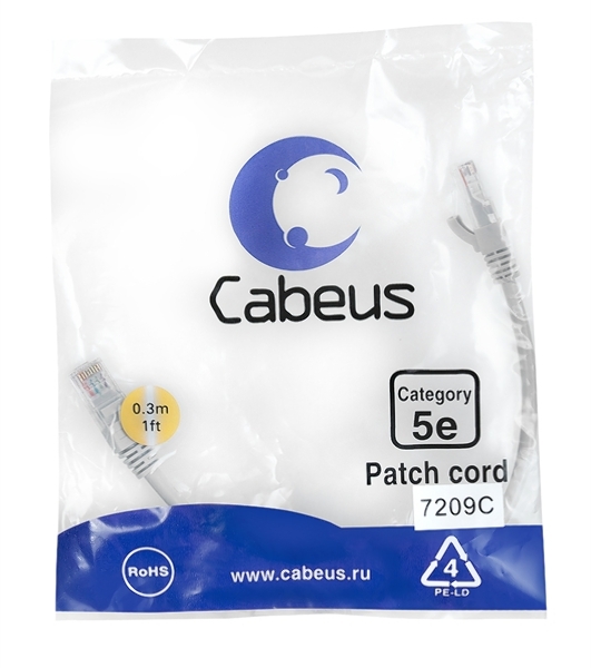 Шнур коммутационный Cabeus, Cat.5e, неэкр., U/UTP, RJ45/RJ45, PVC, AWG24, 0.3м, серый