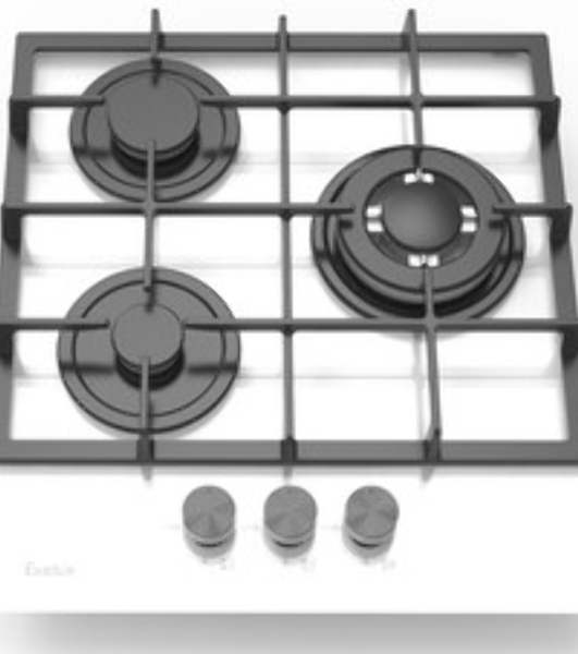 Газовая варочная панель Evelux HEG 425 WG Hi-Tech, 45 см, 3 конфорки, WOK-конфорка, чугунные решетки, газ-контроль, электроподжиг, механическое управление, белый