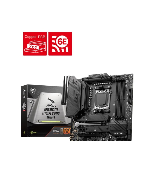Материнская плата MSI MAG B650M MORTAR WIFI, AM5, AMD B650, 4xDDR5, 6xSATA, 2xM.2, 1xPCI-E 4.0 x16, 1xPCI-E 4.0 x4, 1xHDMI, 1xDP, 1x2.5Gb LAN, 3xUSB 3.2 Gen 2, 4xUSB 3.2 Gen 1, 1xUSB-C 3.2 Gen 2x2, 5x3.5мм аудио, 7.1, Micro-ATX