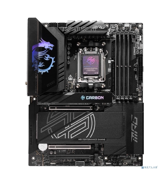 Материнская плата MSI MPG X870E CARBON WIFI, AM5, AMD X870E, 4xDDR5, 4xSATA, 4xM.2, 1xPCIe 5.0 x16, 1xPCIe 5.0 x4, 1xPCIe 4.0 x4, 1xHDMI, 2xUSB-C, 2x1Gb LAN, 9xUSB 3.2 Gen 2, 2xUSB4, 2x3.5 мм, 7.1, ATX