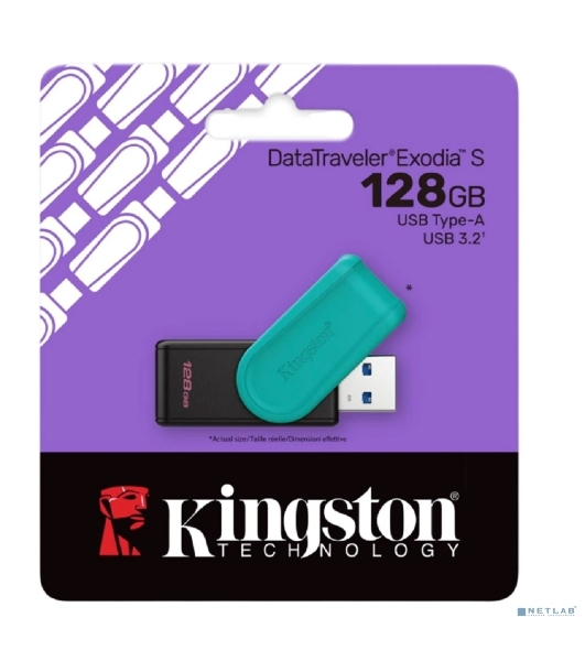 Флешка USB Kingston DataTraveler Exodia S (DTXS/128Gb), 128Gb, USB 3.2 Gen 1, R/W 150/60, бирюзовый/черный