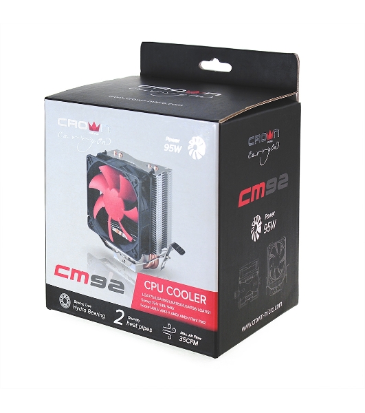 вентилятор CROWN Кулер для процессора CM-92 (Для Intel и AMD, TDP до 95 Ватт, 2шт. медных теплопроводных трубок, Гидродинамическии подшипник, Размер: 117*79*113 мм)
