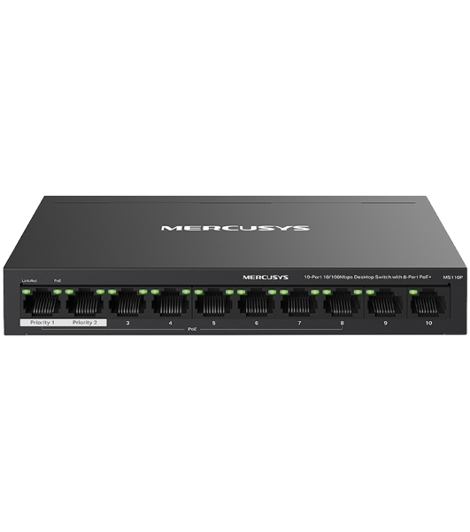 Коммутатор настольный Mercusys MS110P с 10 портами 10/100 Мбит/с (8 портов PoE+)