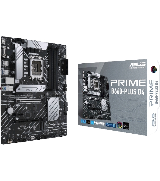 Материнская плата ASUS PRIME B660-PLUS D4, Socket LGA 1700, Intel B660, 4xDDR4, 4xSATA, 3xM.2, 1xPCIe 4.0 x16, 1xPCIe 3.0 x4, 1xHDMI, 1xDP, 1xVGA, 1x 1Gb LAN, 1xUSB-C 3.2 Gen 2x2, 2xUSB-A 3.2 Gen 2, 1xUSB-A 3.2 Gen 1, 2xUSB-A 2.0, 7.1, ATX