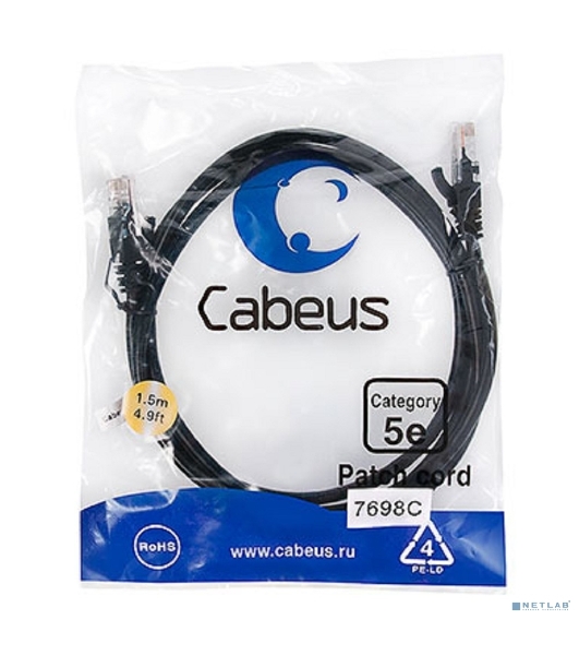 Шнур коммутационный Cabeus, Cat.5e, неэкр., U/UTP, RJ45/RJ45, PVC, AWG24, 1.5м, черный