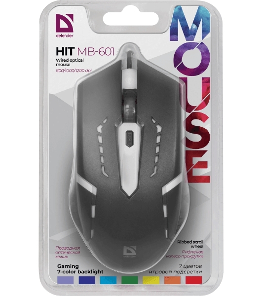 Мышь проводная Defender Hit MB-601 черный, 1200 dpi, USB, кнопки - 4