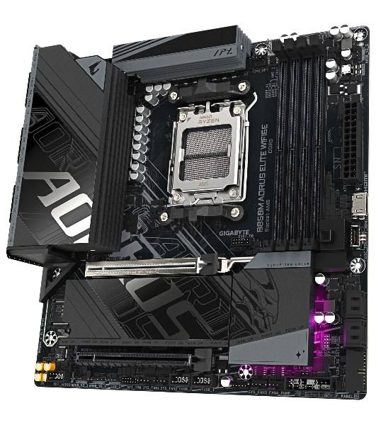 Материнская плата Gigabyte B850M AORUS ELITE WIFI6E, AM5, AMD B850, 4xDDR5, 4xSATA, 2xM.2, 1xPCIe 5.0 x16, 1xPCIe 3.0 x4, 1xDP (v1.4), 1x2.5Gb LAN, Wi-Fi 6E, Bluetooth 5.3, 2xUSB-C 10Gbps, 2xUSB-A 10Gbps, 5xUSB-A 5Gbps, 4xUSB-A 2.0, S/PDIF, 2x3.5 мм, 7.1, mATX