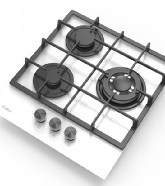 Газовая варочная панель Evelux HEG 425 WG Hi-Tech, 45 см, 3 конфорки, WOK-конфорка, чугунные решетки, газ-контроль, электроподжиг, механическое управление, белый