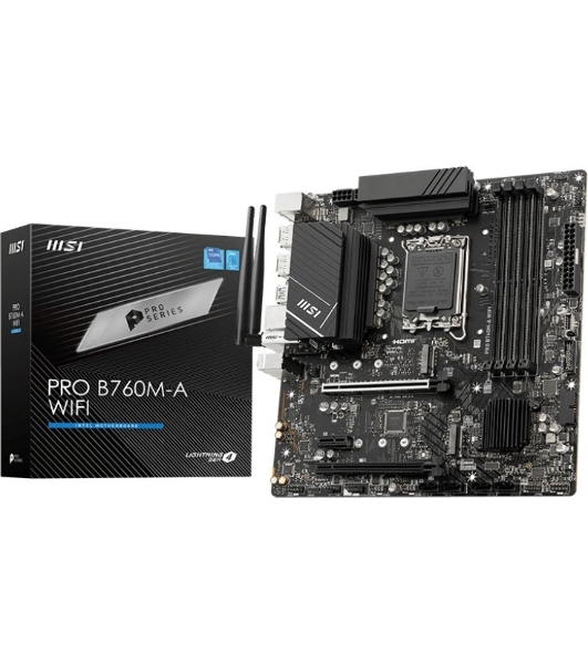Материнская плата MSI PRO B760M-A WIFI, LGA 1700, Intel B760, 4xDDR5, 4xSATA, 2xM.2, 1xPCI-E 4.0 x16, 1xPCI-E 4.0 x4, 2xHDMI, 2xDP, 1x2.5Gb LAN, 2xUSB-A 2.0, 2xUSB 3.2 Gen 1, 2xUSB 3.2 Gen 2, 3x3.5 мм, 7.1, Micro-ATX