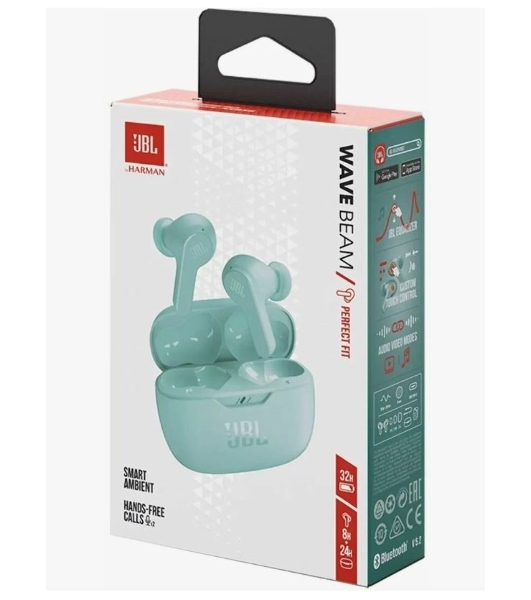 Наушники TWS JBL Wave Beam мятный, внутриканальные, Bluetooth, быстрая зарядка, до 8 ч