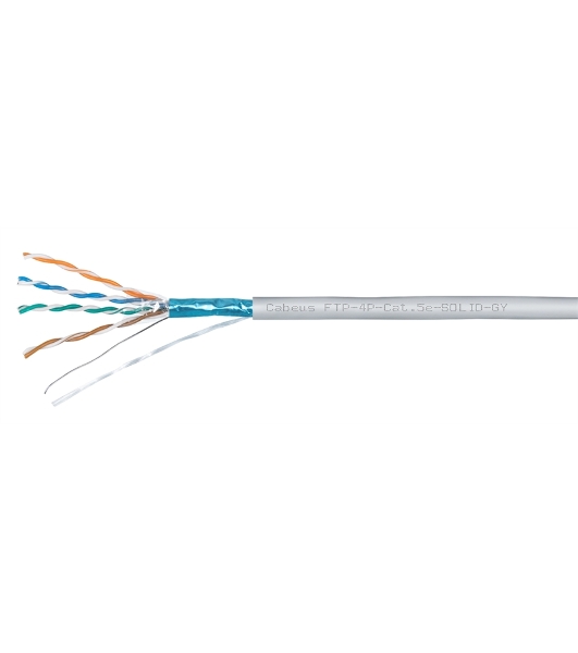Кабель витая пара экранированная Cabeus FTP-4P-Cat.5e-SOLID-LSZH-GY FTP (F/UTP), cat. 5e, 4 пары (24 AWG), одножильный, серый, экран - фольга, LSZH, нг(А)-HF, (305 м)