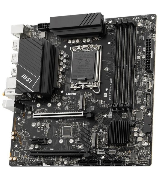 Материнская плата MSI PRO B760M-A WIFI, LGA 1700, Intel B760, 4xDDR5, 4xSATA, 2xM.2, 1xPCI-E 4.0 x16, 1xPCI-E 4.0 x4, 2xHDMI, 2xDP, 1x2.5Gb LAN, 2xUSB-A 2.0, 2xUSB 3.2 Gen 1, 2xUSB 3.2 Gen 2, 3x3.5 мм, 7.1, Micro-ATX