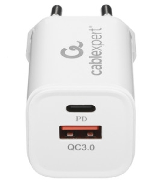 Сетевое зарядное устройство Cablexpert MP3A-PC-42, 30Вт, быстрая зарядка QC3.0/PD, 2 порта: USB и Type-C, белый, пакет