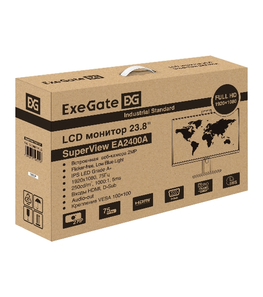 Монитор 23.8' ExeGate SuperView EA2400A IPS 1920x1080, 75 Гц, 5 мс, 16:9, 250 кд/м², HDMI 1.4, VGA, веб-камера (2 Мп), 3.5 мм, черный