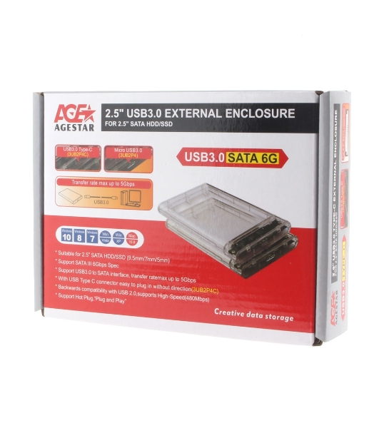 Внешний корпус USB 3.0 2.5' SATAIII HDD/SSD AgeStar 3UB2P4 (TRANSPARENCY) пластик, прозрачный