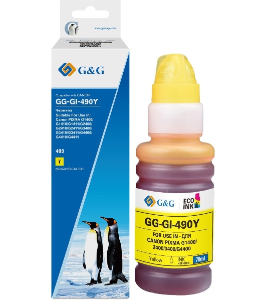 Чернила G&G GG-GI-490Y GI-490 желтый 70мл для Canon Pixma G1400/G2400/G3400/G4400