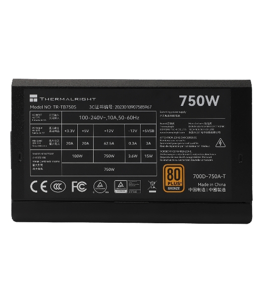 Блок питания Thermalright TR-TB750S, 750W 80 PLUS Bronze, (ATX, 3, PCIe 5.0, Non-modular, 1x24(20+4)pin 550мм, 1xCPU*2 8(4+4)pin 600+150мм, 1xPCIe*2 8(6+2)pin 500+150мм, 1x12VHPWR PCIe 5.0 12+4pin 600мм, 1xSATA*3+MOLEX4pin*1 400+150+150+150мм, 1xSATA*2+MOLEX4pin*2 400+150+150+150мм, Active, 120x120мм, 150x140x86mm, APFC, )