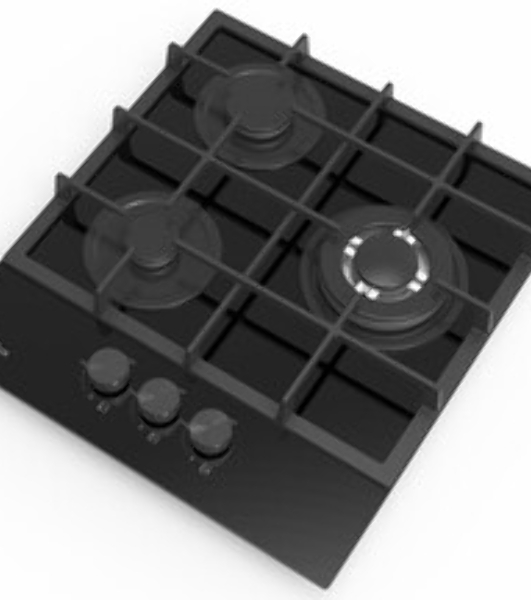 Газовая варочная панель Evelux HEG 425 BG Hi-Tech, 45 см, 3 конфорки, WOK-конфорка, чугунные решетки, газ-контроль, электроподжиг, механическое управление, черный