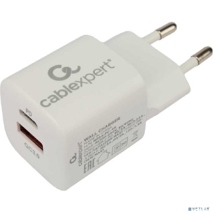 Сетевое зарядное устройство Cablexpert 20Вт, 3А, QC3.0/PD, 1xUSB, 1xType-C, белый, пакет