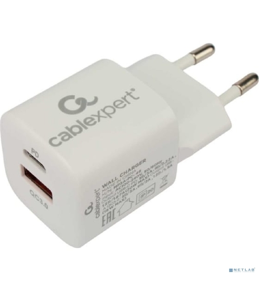 Сетевое зарядное устройство Cablexpert 20Вт, 3А, QC3.0/PD, 1xUSB, 1xType-C, белый, пакет