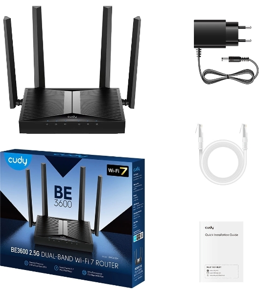 Маршрутизатор Cudy BE3600 2.5G Dual Band Wi-Fi 7 Mesh Router, Chipset Broadcom, 802.11be/ax/ac/a/b/g/n, 2882Mbps at 5GHz + 688Mbps at 2.4GHz, 1 x 2.5Gbps WAN Port, 4 x 10/100/1000Mbps Ports, 4 x 5dBi fixed antennas, WiFi router/AP/Repeater/WISP Mode, PPTP/L2TP/OpenVPN/WireGuard, MLO, MU-MIMO, Guest network, WPS, DDNS, IPv6, IPTV, WOL, WPA3, TR069/TR098/TR111/TR181, Cudy APP