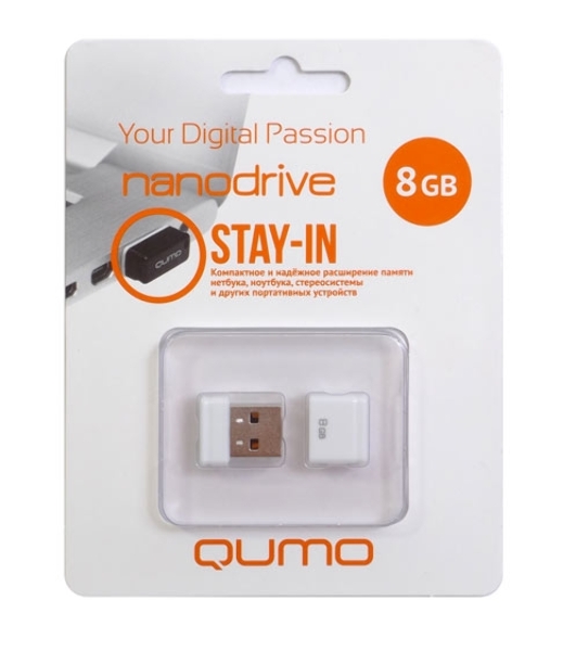 Флешка USB 2.0 QUMO 8Gb, NANO QM8GUD-NANO-W белый